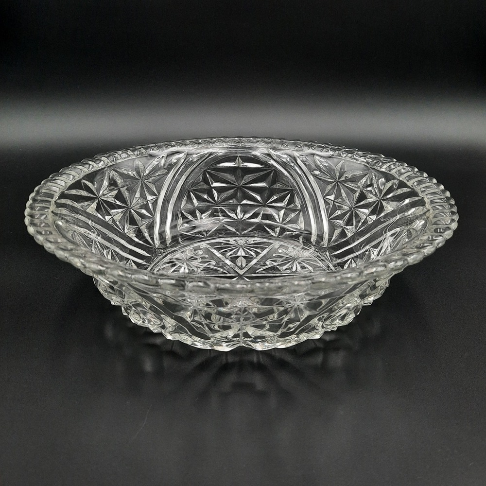 Vintage Pressed Glass Fruit Bowl with Starburst & Diamond Pattern